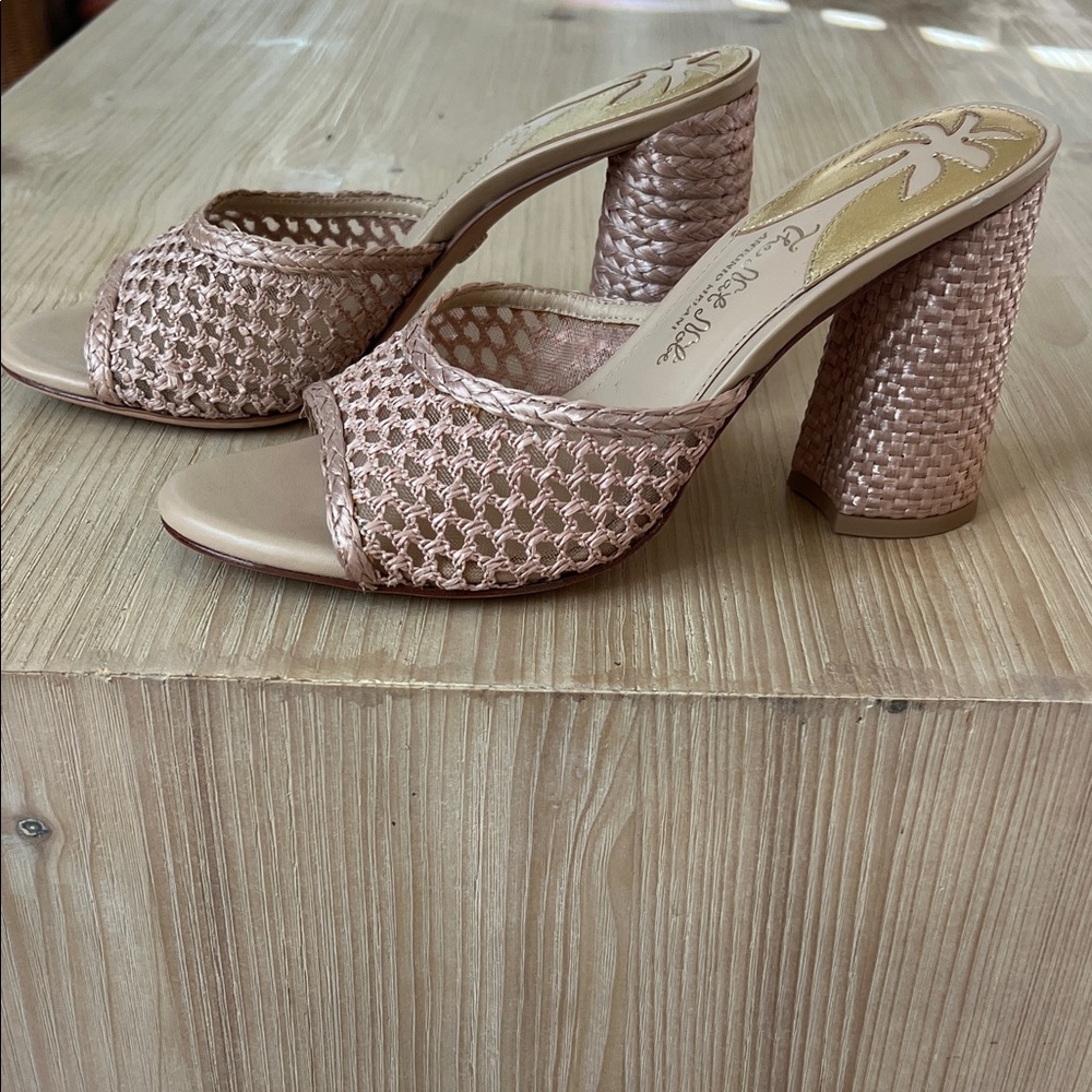 The Nat Note natural tan rafia espadrille Woven Heeled Mule sandals chunky heel - Picture 4 of 8
